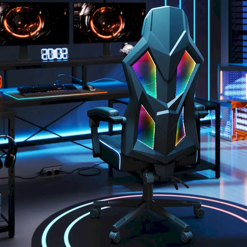 Chaise de jeu ergonomique avec lumières LED RGB, chaise d'ordinateur en tissu ventilé avec coussin à ressorts ensachés et accoudoirs articulés