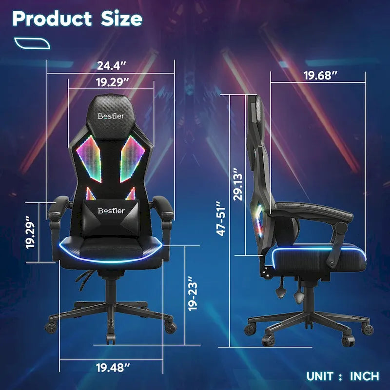Chaise de jeu ergonomique avec lumières LED RGB, chaise d'ordinateur en tissu ventilé avec coussin à ressorts ensachés et accoudoirs articulés