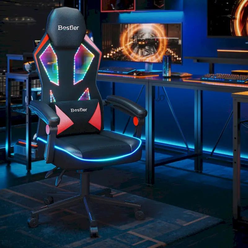 Chaise de jeu ergonomique avec lumières LED RGB, chaise d'ordinateur en tissu ventilé avec coussin à ressorts ensachés et accoudoirs articulés