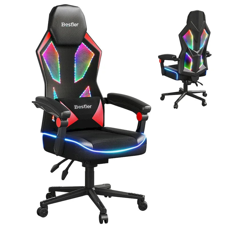Chaise de jeu ergonomique avec lumières LED RGB, chaise d'ordinateur en tissu ventilé avec coussin à ressorts ensachés et accoudoirs articulés