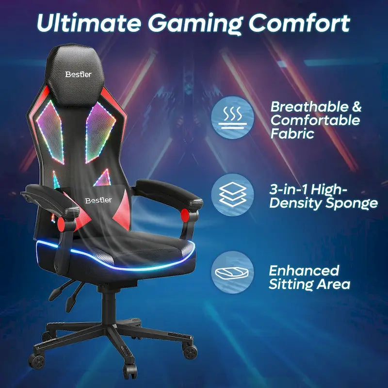 Chaise de jeu ergonomique avec lumières LED RGB, chaise d'ordinateur en tissu ventilé avec coussin à ressorts ensachés et accoudoirs articulés
