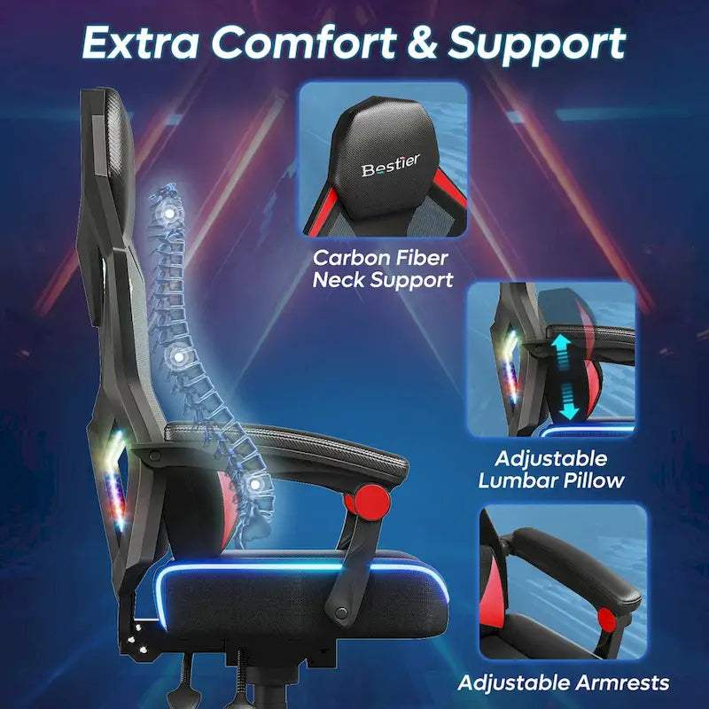 Chaise de jeu ergonomique avec lumières LED RGB, chaise d'ordinateur en tissu ventilé avec coussin à ressorts ensachés et accoudoirs articulés