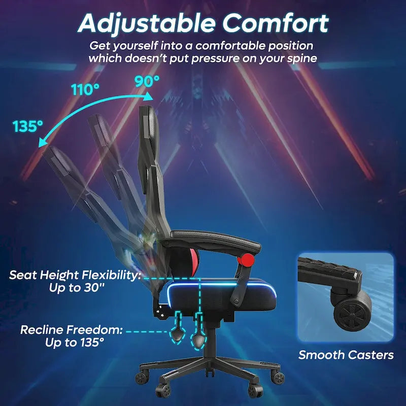 Chaise de jeu ergonomique avec lumières LED RGB, chaise d'ordinateur en tissu ventilé avec coussin à ressorts ensachés et accoudoirs articulés