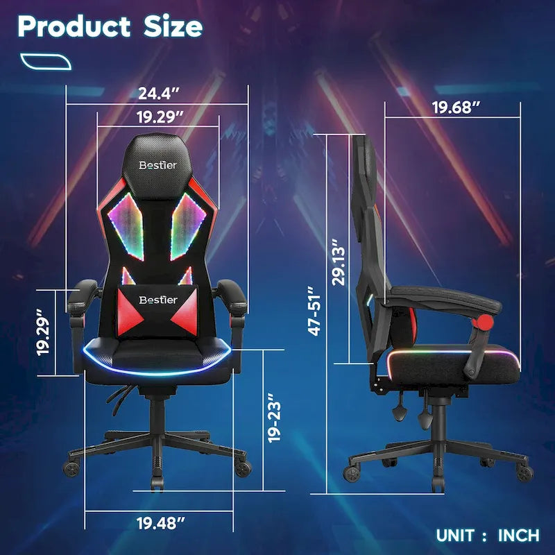 Chaise de jeu ergonomique avec lumières LED RGB, chaise d'ordinateur en tissu ventilé avec coussin à ressorts ensachés et accoudoirs articulés