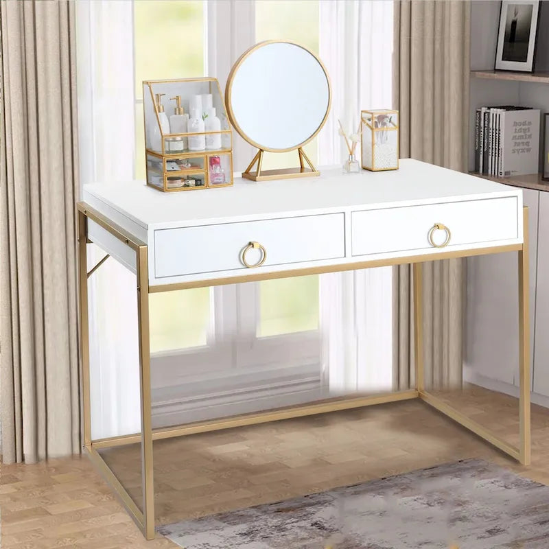 Anmytek Bureau informatique moderne blanc et or Table de toilette Table d'étude avec 2 tiroirs pour le bureau à domicile