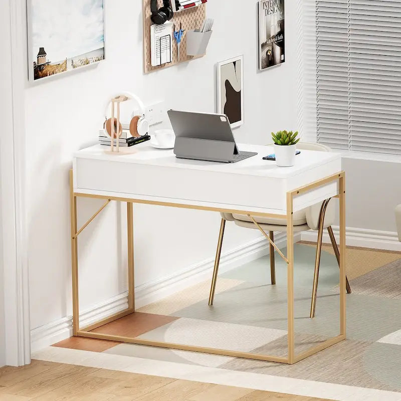 Anmytek Bureau informatique moderne blanc et or Table de toilette Table d'étude avec 2 tiroirs pour le bureau à domicile