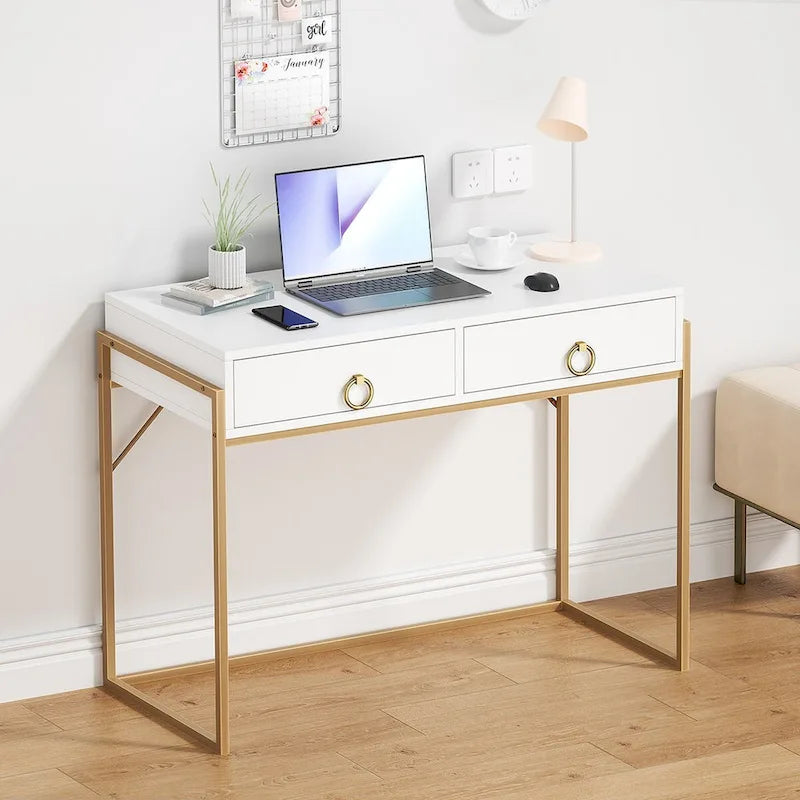 Anmytek Bureau informatique moderne blanc et or Table de toilette Table d'étude avec 2 tiroirs pour le bureau à domicile
