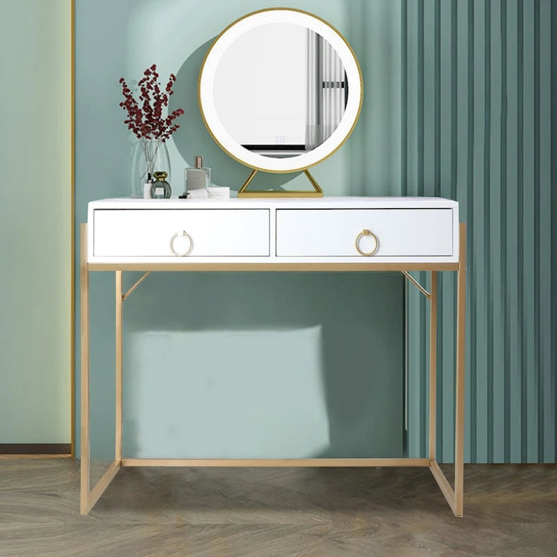 Anmytek Bureau informatique moderne blanc et or Table de toilette Table d'étude avec 2 tiroirs pour le bureau à domicile