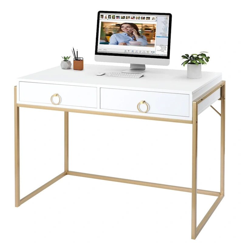 Anmytek Bureau informatique moderne blanc et or Table de toilette Table d'étude avec 2 tiroirs pour le bureau à domicile