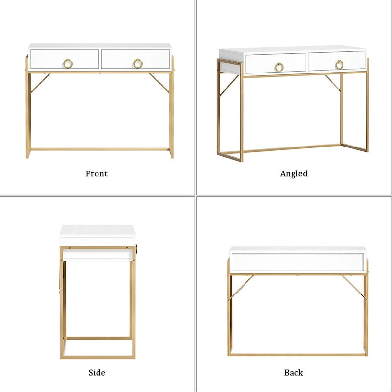 Anmytek Bureau informatique moderne blanc et or Table de toilette Table d'étude avec 2 tiroirs pour le bureau à domicile