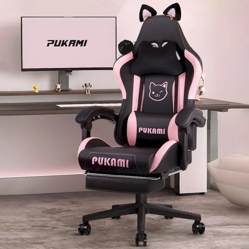 BOSSIN Fauteuil de Gamer avec Oreilles et Coussin Patte de Chat, Chaise d'Ordinateateur Inclinable Mignonne Kawaii pour Fille avec Repose-Pieds