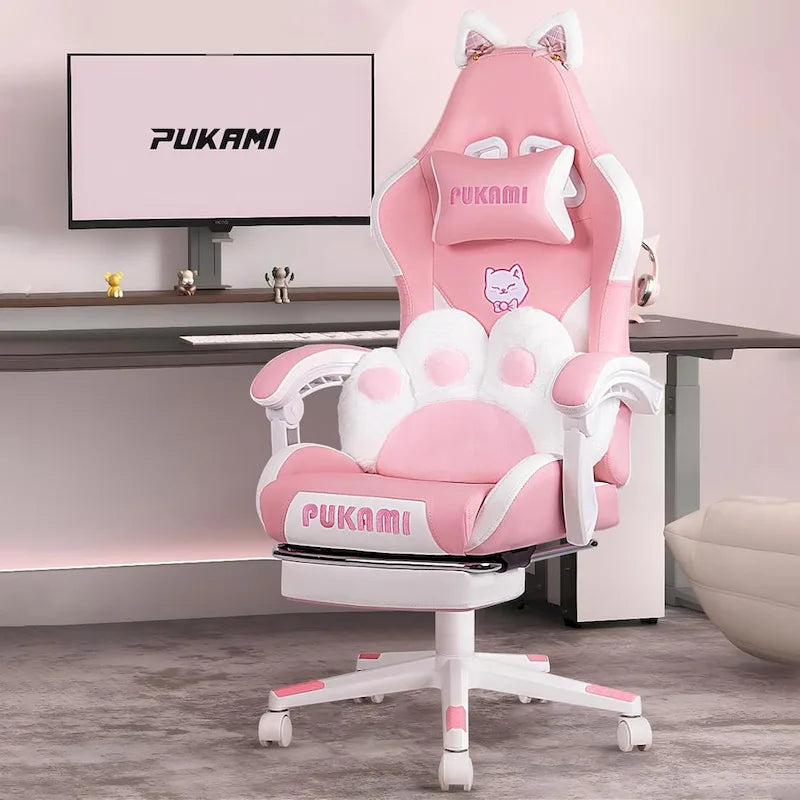 BOSSIN Fauteuil de Gamer avec Oreilles et Coussin Patte de Chat, Chaise d'Ordinateateur Inclinable Mignonne Kawaii pour Fille avec Repose-Pieds