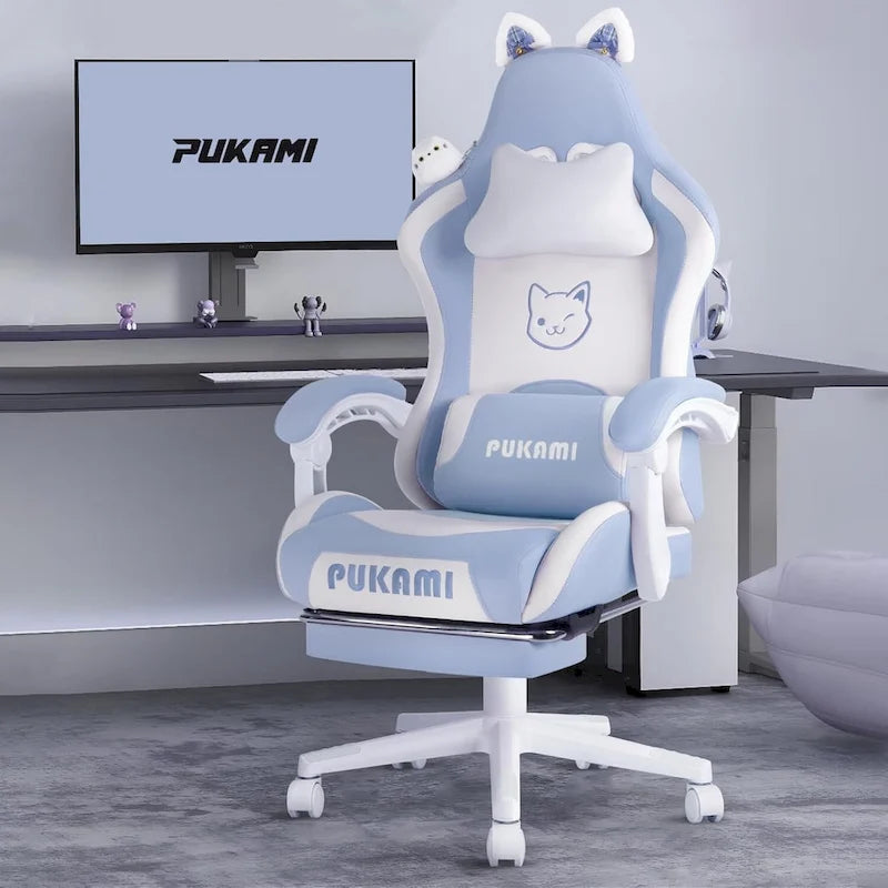 BOSSIN Fauteuil de Gamer avec Oreilles et Coussin Patte de Chat, Chaise d'Ordinateateur Inclinable Mignonne Kawaii pour Fille avec Repose-Pieds