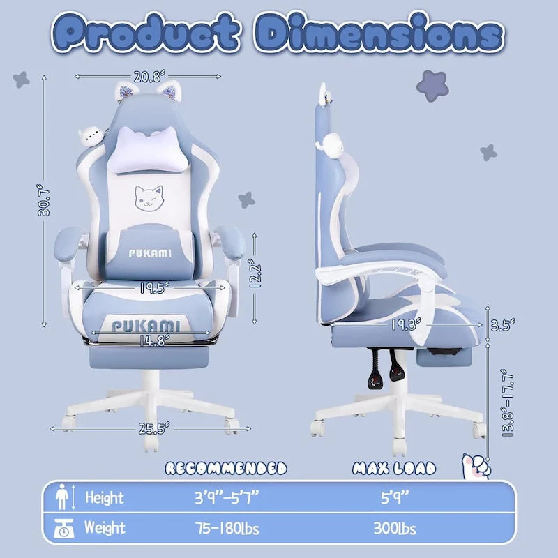 BOSSIN Fauteuil de Gamer avec Oreilles et Coussin Patte de Chat, Chaise d'Ordinateateur Inclinable Mignonne Kawaii pour Fille avec Repose-Pieds