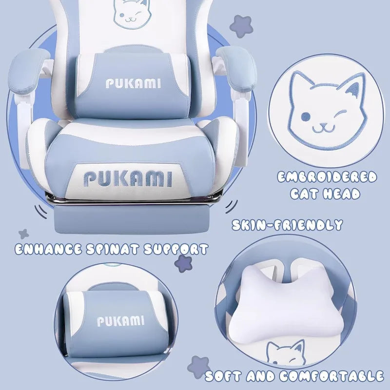 BOSSIN Fauteuil de Gamer avec Oreilles et Coussin Patte de Chat, Chaise d'Ordinateateur Inclinable Mignonne Kawaii pour Fille avec Repose-Pieds