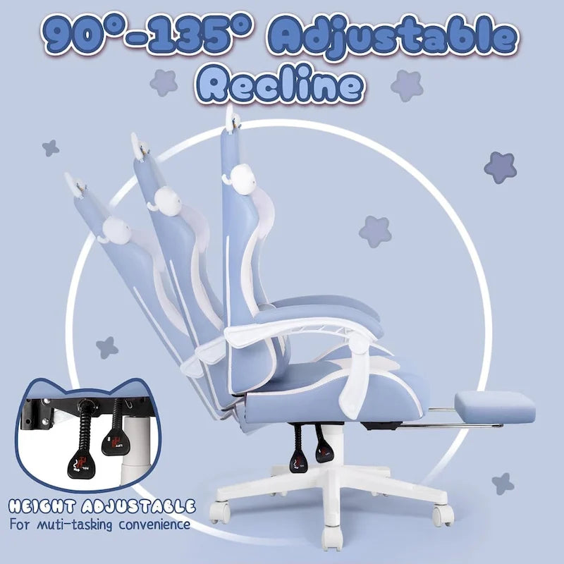 BOSSIN Fauteuil de Gamer avec Oreilles et Coussin Patte de Chat, Chaise d'Ordinateateur Inclinable Mignonne Kawaii pour Fille avec Repose-Pieds