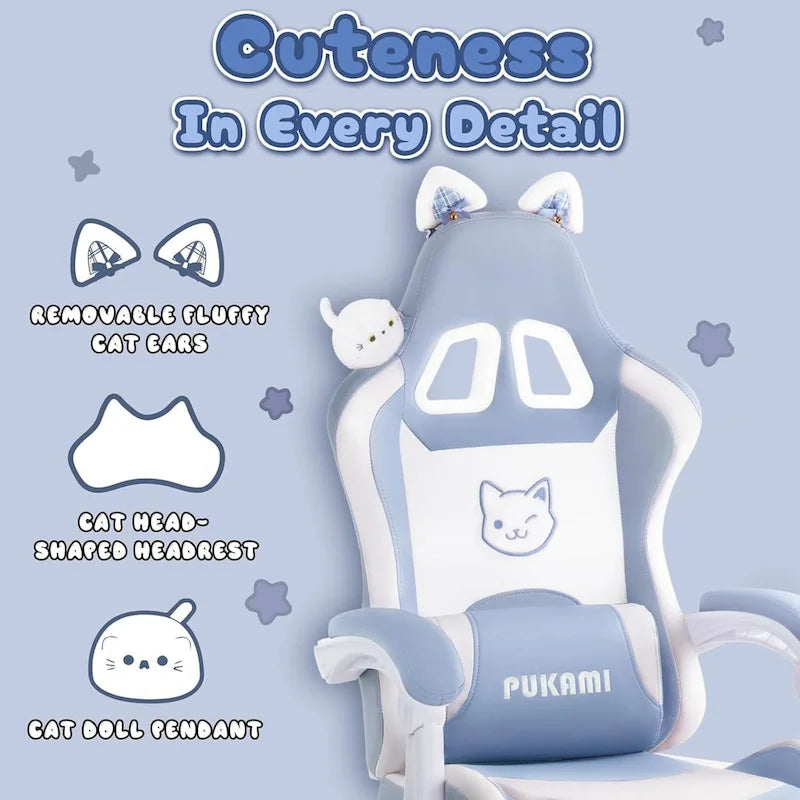 BOSSIN Fauteuil de Gamer avec Oreilles et Coussin Patte de Chat, Chaise d'Ordinateateur Inclinable Mignonne Kawaii pour Fille avec Repose-Pieds