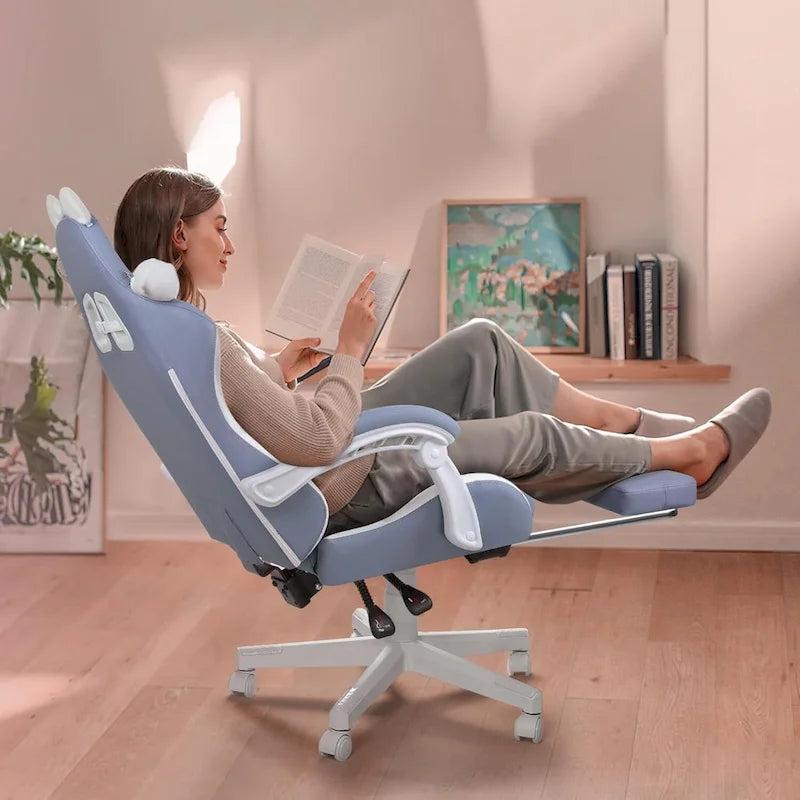 BOSSIN Fauteuil de Gamer avec Oreilles et Coussin Patte de Chat, Chaise d'Ordinateateur Inclinable Mignonne Kawaii pour Fille avec Repose-Pieds