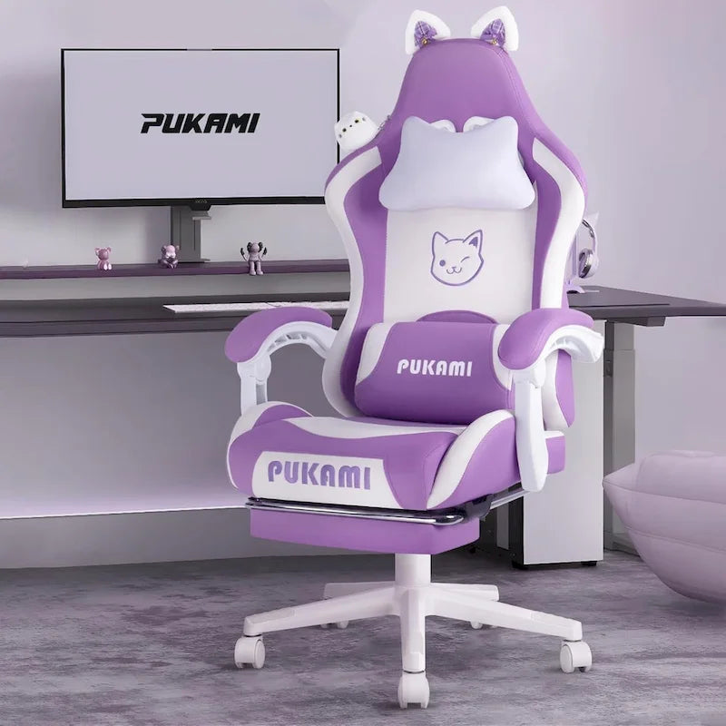 BOSSIN Fauteuil de Gamer avec Oreilles et Coussin Patte de Chat, Chaise d'Ordinateateur Inclinable Mignonne Kawaii pour Fille avec Repose-Pieds