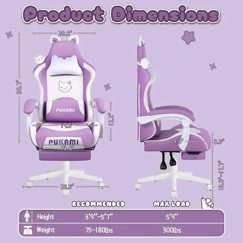 BOSSIN Fauteuil de Gamer avec Oreilles et Coussin Patte de Chat, Chaise d'Ordinateateur Inclinable Mignonne Kawaii pour Fille avec Repose-Pieds
