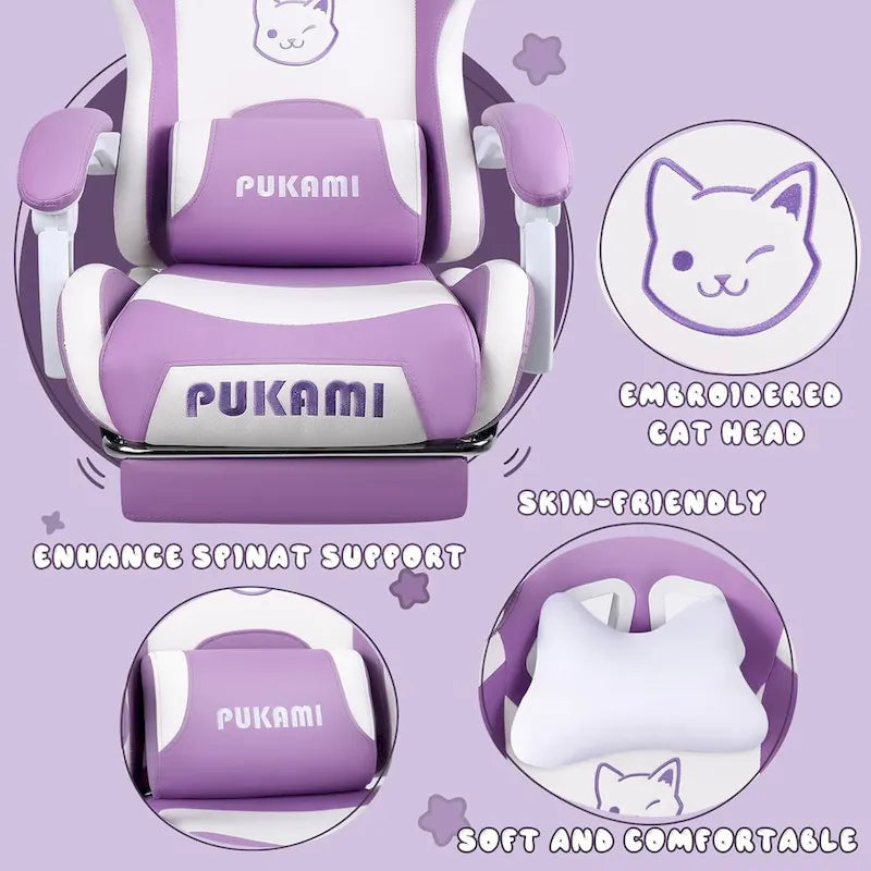 BOSSIN Fauteuil de Gamer avec Oreilles et Coussin Patte de Chat, Chaise d'Ordinateateur Inclinable Mignonne Kawaii pour Fille avec Repose-Pieds