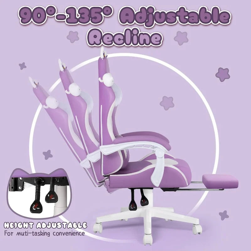 BOSSIN Fauteuil de Gamer avec Oreilles et Coussin Patte de Chat, Chaise d'Ordinateateur Inclinable Mignonne Kawaii pour Fille avec Repose-Pieds