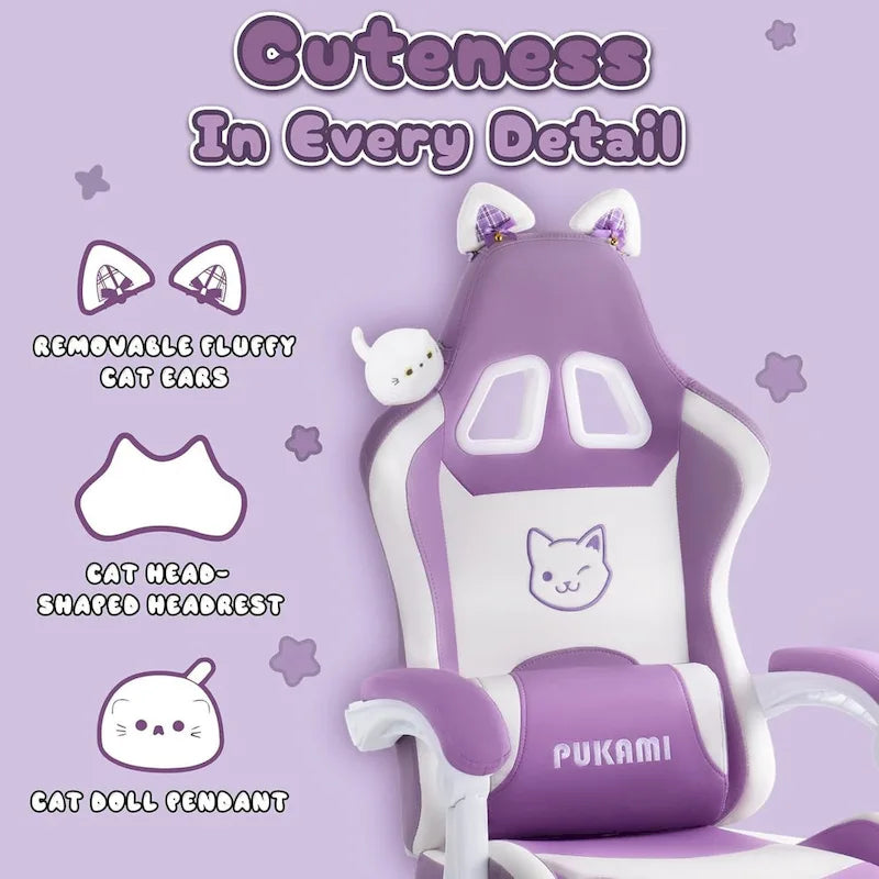 BOSSIN Fauteuil de Gamer avec Oreilles et Coussin Patte de Chat, Chaise d'Ordinateateur Inclinable Mignonne Kawaii pour Fille avec Repose-Pieds