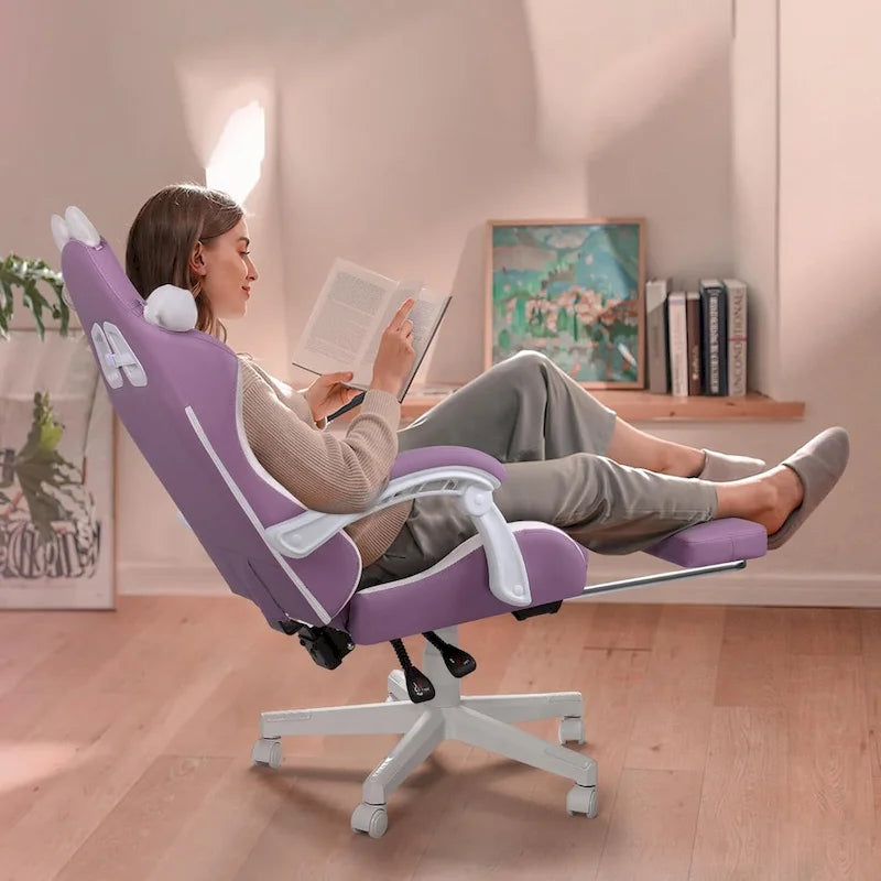 BOSSIN Fauteuil de Gamer avec Oreilles et Coussin Patte de Chat, Chaise d'Ordinateateur Inclinable Mignonne Kawaii pour Fille avec Repose-Pieds