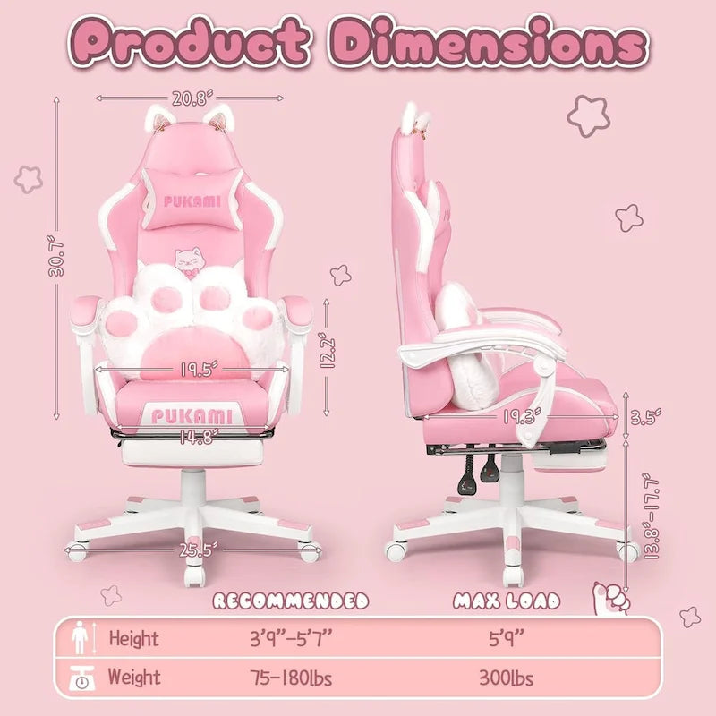 BOSSIN Fauteuil de Gamer avec Oreilles et Coussin Patte de Chat, Chaise d'Ordinateateur Inclinable Mignonne Kawaii pour Fille avec Repose-Pieds