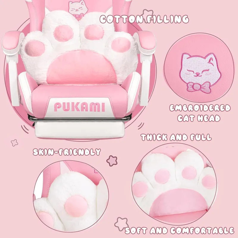 BOSSIN Fauteuil de Gamer avec Oreilles et Coussin Patte de Chat, Chaise d'Ordinateateur Inclinable Mignonne Kawaii pour Fille avec Repose-Pieds
