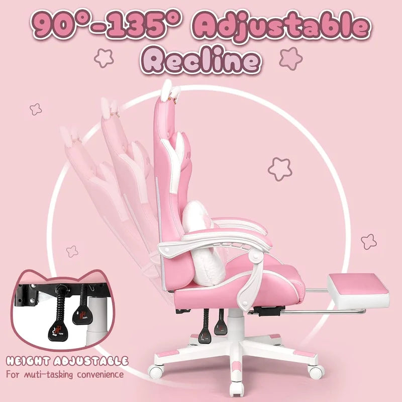 BOSSIN Fauteuil de Gamer avec Oreilles et Coussin Patte de Chat, Chaise d'Ordinateateur Inclinable Mignonne Kawaii pour Fille avec Repose-Pieds