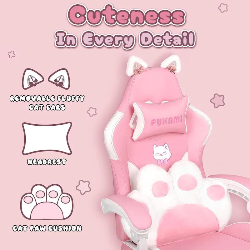 BOSSIN Fauteuil de Gamer avec Oreilles et Coussin Patte de Chat, Chaise d'Ordinateateur Inclinable Mignonne Kawaii pour Fille avec Repose-Pieds