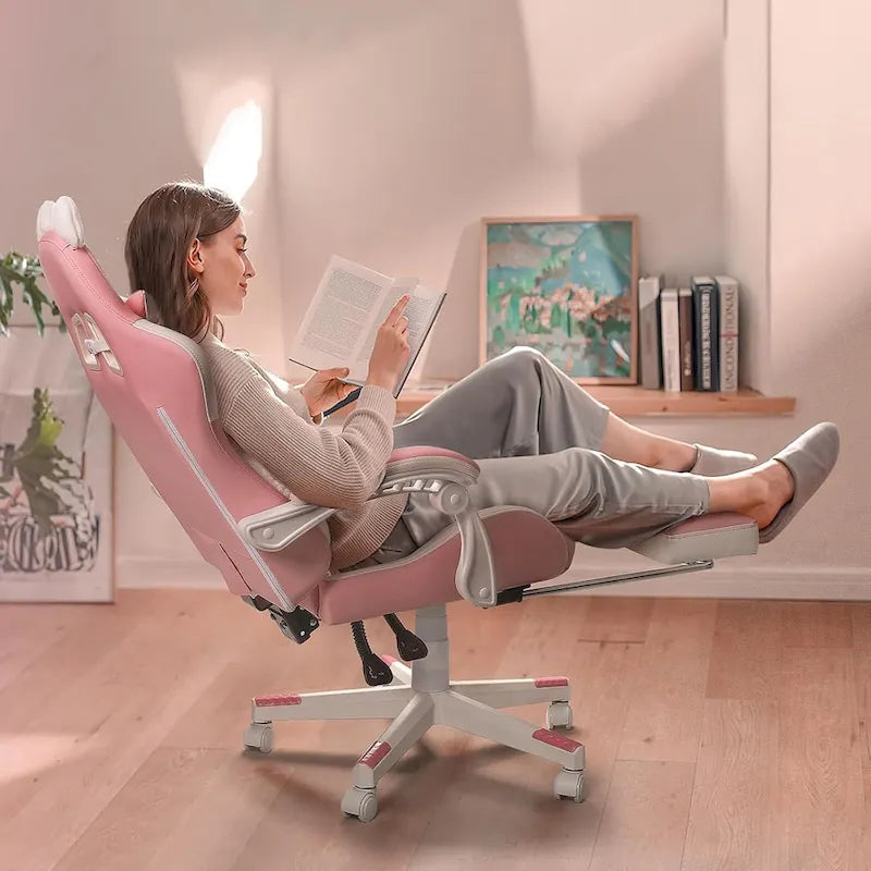 BOSSIN Fauteuil de Gamer avec Oreilles et Coussin Patte de Chat, Chaise d'Ordinateateur Inclinable Mignonne Kawaii pour Fille avec Repose-Pieds