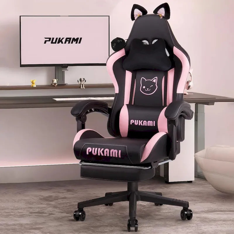 BOSSIN Fauteuil de Gamer avec Oreilles et Coussin Patte de Chat, Chaise d'Ordinateateur Inclinable Mignonne Kawaii pour Fille avec Repose-Pieds