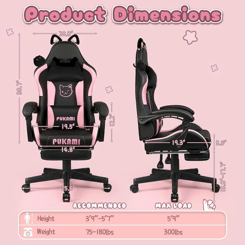 BOSSIN Fauteuil de Gamer avec Oreilles et Coussin Patte de Chat, Chaise d'Ordinateateur Inclinable Mignonne Kawaii pour Fille avec Repose-Pieds