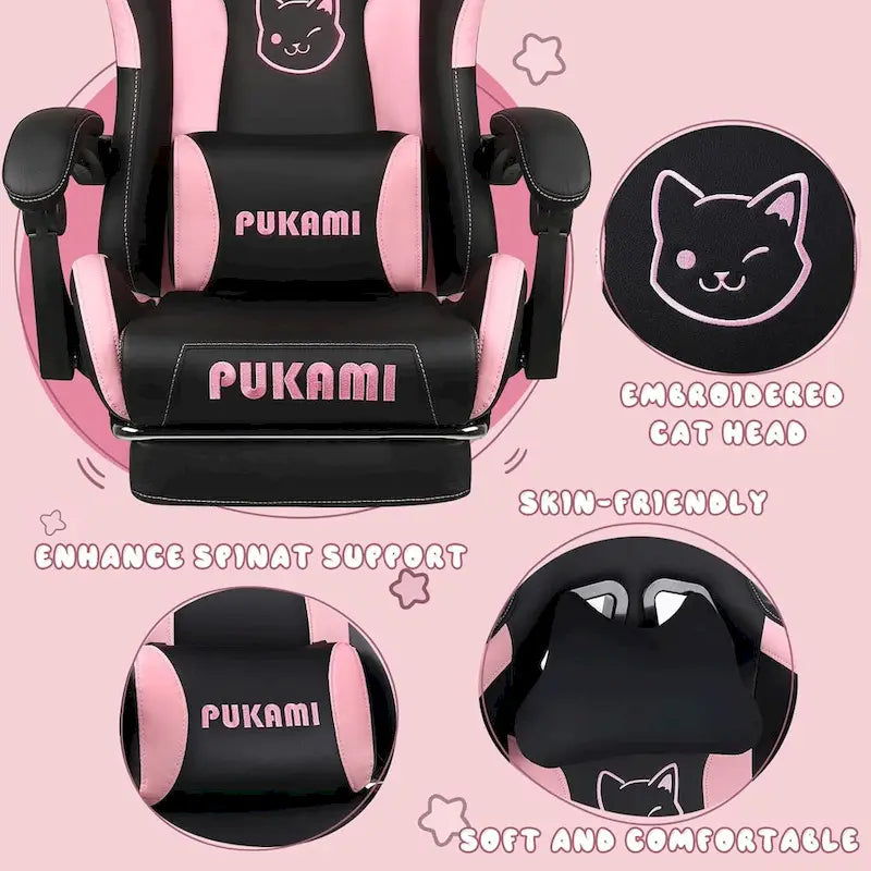 BOSSIN Fauteuil de Gamer avec Oreilles et Coussin Patte de Chat, Chaise d'Ordinateateur Inclinable Mignonne Kawaii pour Fille avec Repose-Pieds