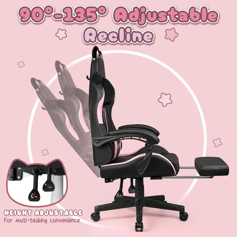 BOSSIN Fauteuil de Gamer avec Oreilles et Coussin Patte de Chat, Chaise d'Ordinateateur Inclinable Mignonne Kawaii pour Fille avec Repose-Pieds