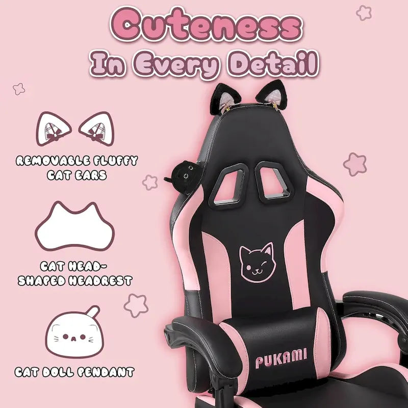 BOSSIN Fauteuil de Gamer avec Oreilles et Coussin Patte de Chat, Chaise d'Ordinateateur Inclinable Mignonne Kawaii pour Fille avec Repose-Pieds