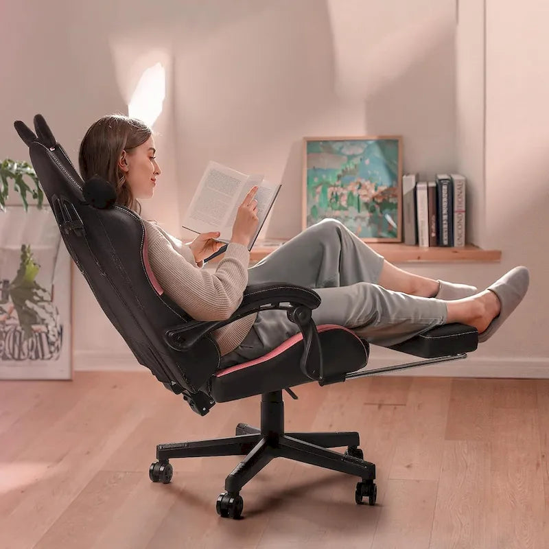 BOSSIN Fauteuil de Gamer avec Oreilles et Coussin Patte de Chat, Chaise d'Ordinateateur Inclinable Mignonne Kawaii pour Fille avec Repose-Pieds
