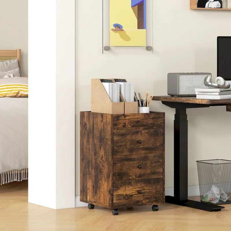 Meuble de rangement de bureau HOMCOM à 3 tiroirs, tiroir de bureau sur roulettes avec plateau amovible, support d'imprimante sous bureau avec rangement