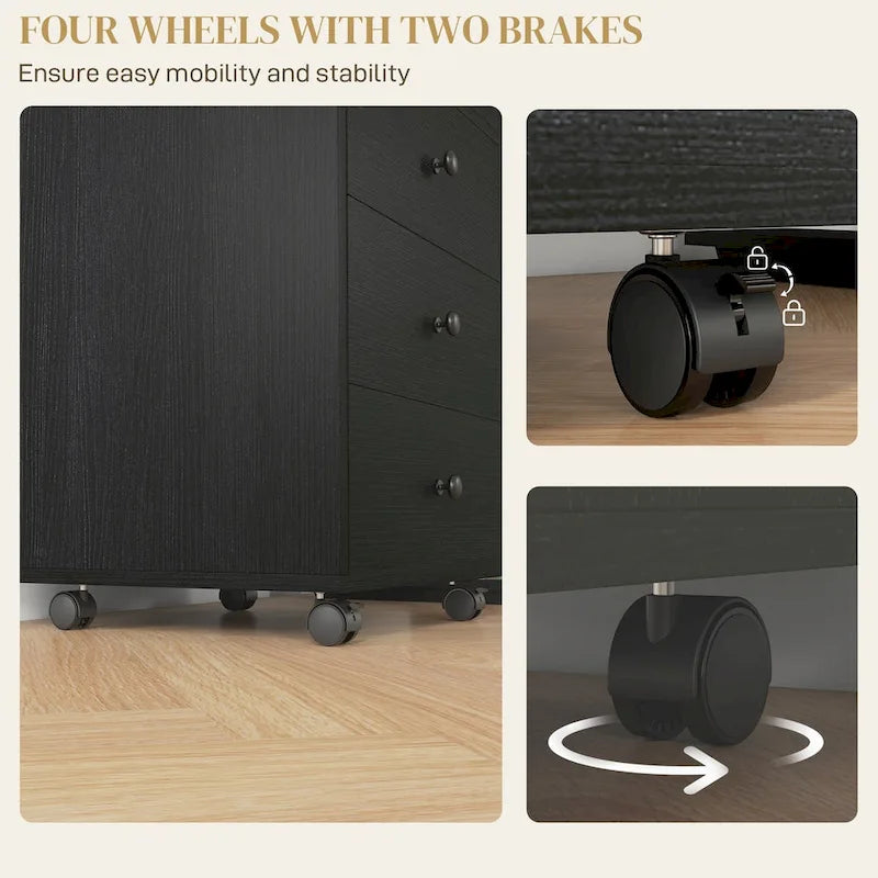 Meuble de rangement de bureau HOMCOM à 3 tiroirs, tiroir de bureau sur roulettes avec plateau amovible, support d'imprimante sous bureau avec rangement
