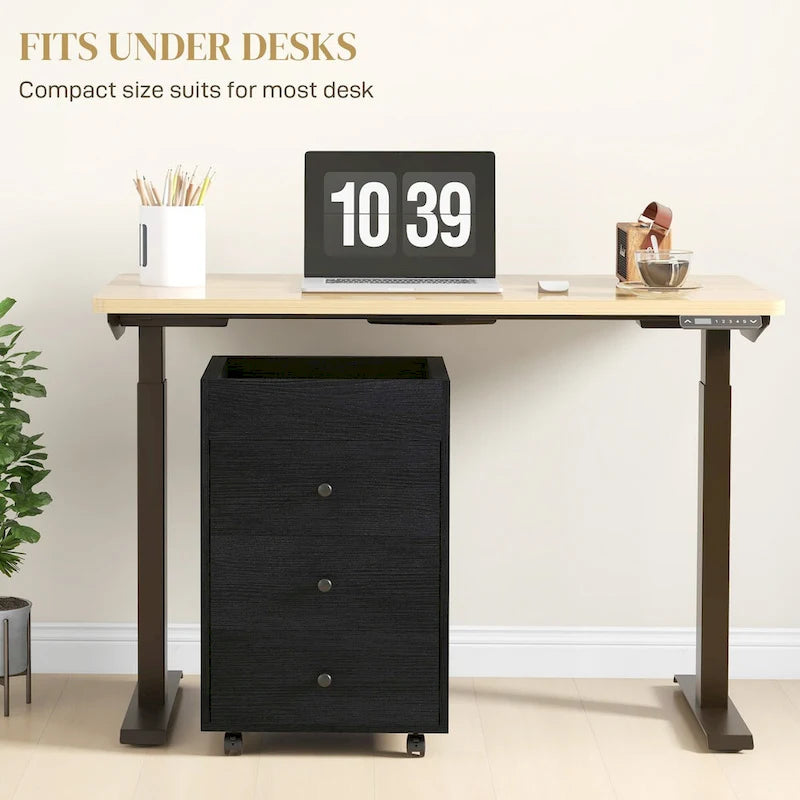 Meuble de rangement de bureau HOMCOM à 3 tiroirs, tiroir de bureau sur roulettes avec plateau amovible, support d'imprimante sous bureau avec rangement