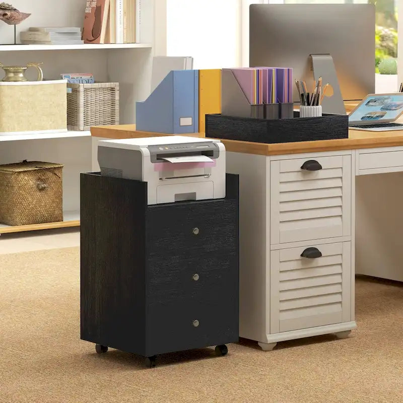 Meuble de rangement de bureau HOMCOM à 3 tiroirs, tiroir de bureau sur roulettes avec plateau amovible, support d'imprimante sous bureau avec rangement