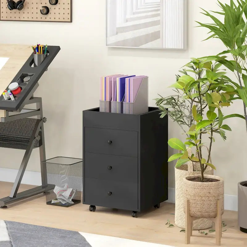 Meuble de rangement de bureau HOMCOM à 3 tiroirs, tiroir de bureau sur roulettes avec plateau amovible, support d'imprimante sous bureau avec rangement