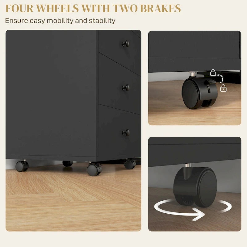 Meuble de rangement de bureau HOMCOM à 3 tiroirs, tiroir de bureau sur roulettes avec plateau amovible, support d'imprimante sous bureau avec rangement