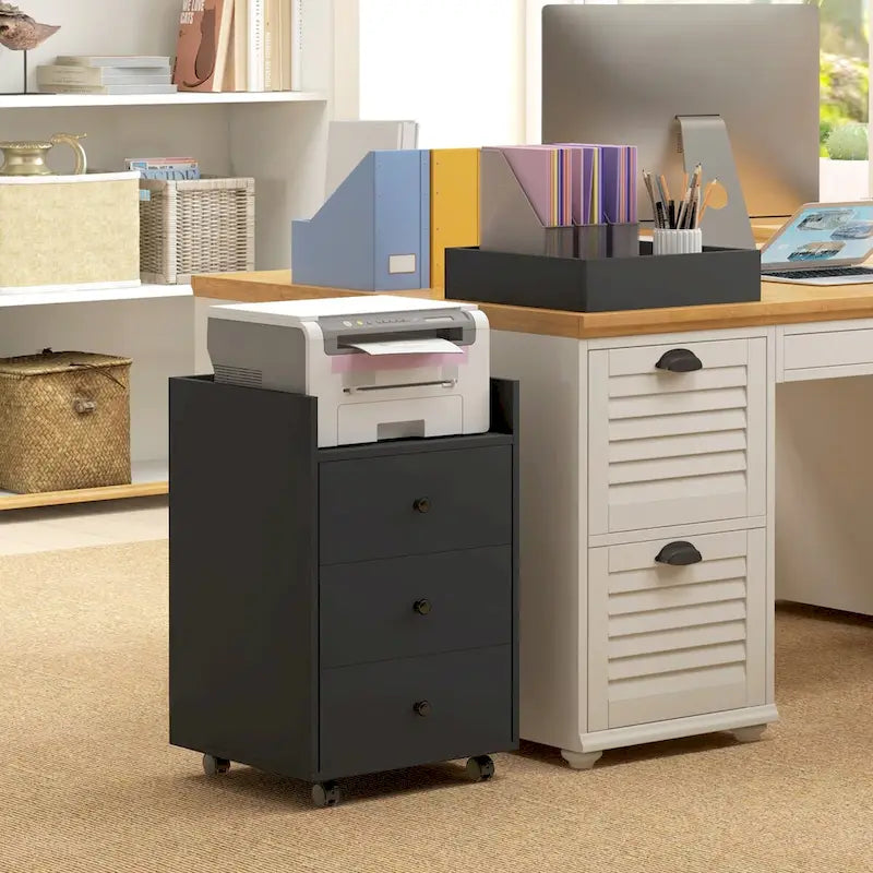 Meuble de rangement de bureau HOMCOM à 3 tiroirs, tiroir de bureau sur roulettes avec plateau amovible, support d'imprimante sous bureau avec rangement