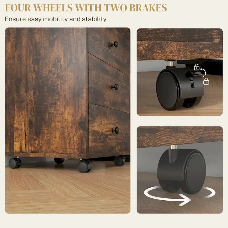 Meuble de rangement de bureau HOMCOM à 3 tiroirs, tiroir de bureau sur roulettes avec plateau amovible, support d'imprimante sous bureau avec rangement