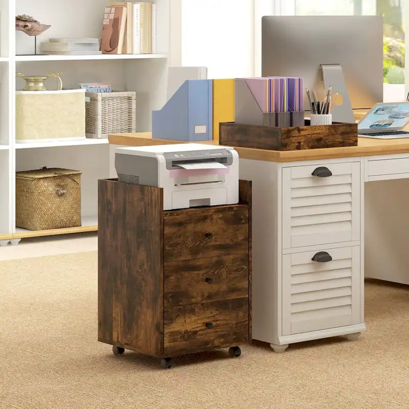 Meuble de rangement de bureau HOMCOM à 3 tiroirs, tiroir de bureau sur roulettes avec plateau amovible, support d'imprimante sous bureau avec rangement