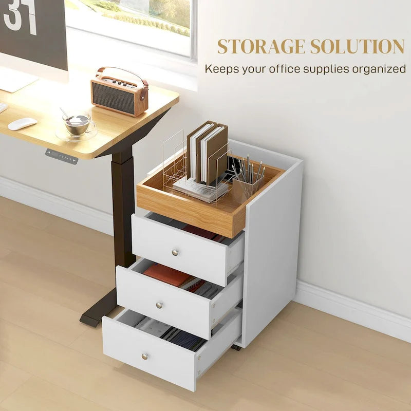 Meuble de rangement de bureau HOMCOM à 3 tiroirs, tiroir de bureau sur roulettes avec plateau amovible, support d'imprimante sous bureau avec rangement