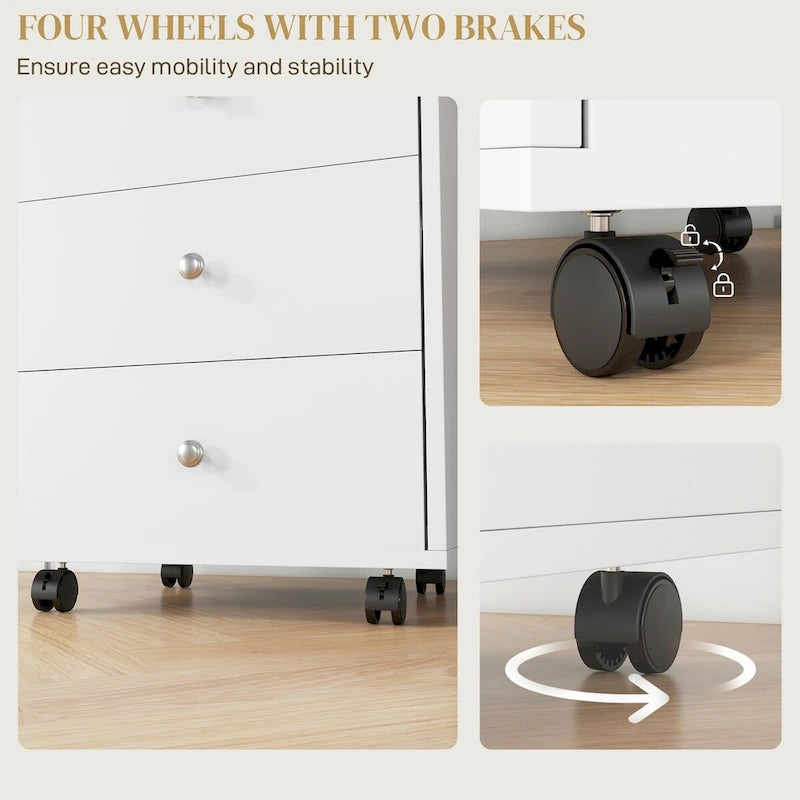 Meuble de rangement de bureau HOMCOM à 3 tiroirs, tiroir de bureau sur roulettes avec plateau amovible, support d'imprimante sous bureau avec rangement